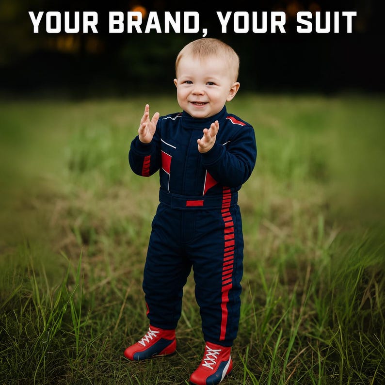May include: A navy blue racing-style jumpsuit with red and white accents, featuring the text "YOUR BRAND, YOUR SUIT" at the top. The garment has a high collar, long sleeves, and matching red and white shoes with white laces.
