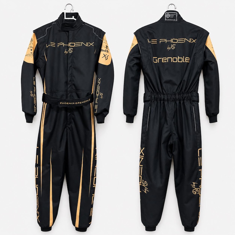 May include: A black racing jumpsuit with gold accents, featuring the text LE PHOENIX by XS and GRENOBLE. The garment includes a high collar, long sleeves, a belted waist, and full-length legs, shown from both the front and back views on hangers.