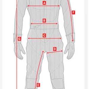 May include: A technical line drawing of a racing suit and helmet, featuring red measurement lines labeled A through G. The diagram illustrates the fit and dimensions of the full-body garment, including the sleeves, torso, and leg sections.