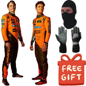 May include: Two racing suits in orange and black with various sponsor logos, including McLaren and Dell, paired with a black balaclava and a pair of black and grey racing gloves. A red graphic icon with the white text FREE GIFT is included.