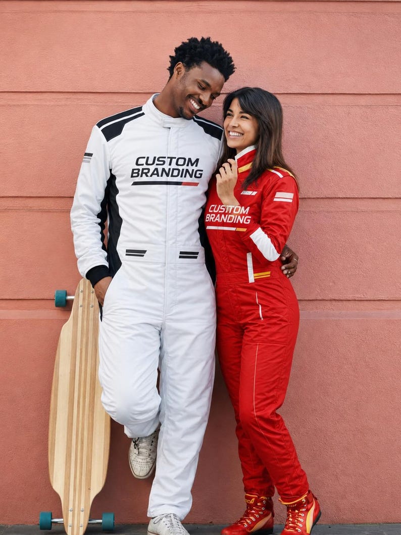 May include: A white racing jumpsuit with black accents and the text CUSTOM BRANDING on the chest, alongside a red racing jumpsuit with white accents and the text CUSTOM BRANDING on the chest, positioned next to a longboard with a wooden deck.