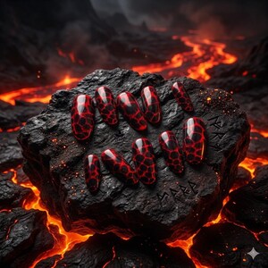 Unghie Finte Lava Rosse – Volcanic Blooming Gel Press On Nails – Red Foil & Black Magma Nail Art – Handmade Statement Nails