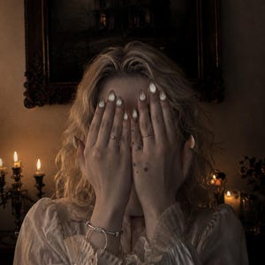 May include: A white long-sleeved blouse with ruffled cuffs and a high collar, featuring a silver-toned bracelet with a central knot detail on the wrist. The hands are positioned in front of the face, displaying almond-shaped nails with a cat-eye finish.