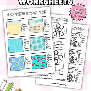Puede incluir: Hojas de trabajo de práctica de colorear con hojas de práctica de patrones con diseños de playa, agua y frutas. La imagen incluye el texto "9 Practice Pages PDF Files" y "Practice Sheet Letter US & A4 Size."