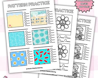 Puede incluir: Hojas de trabajo de práctica de colorear con hojas de práctica de patrones con diseños de playa, agua y frutas. La imagen incluye el texto "9 Practice Pages PDF Files" y "Practice Sheet Letter US & A4 Size."