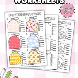 May include: Worksheets for pattern practice with various designs, including daisies, cherries, hearts, clouds, argyle, and oranges. The worksheets are labeled "Pattern Practice" and include the text "Simple Pattern Worksheets". The image also includes the text "Practice Sheet Letter US & A4 Size".