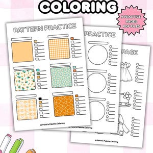 Puede incluir: Hojas de práctica de colorear imprimibles con el texto "SIMPLE PRACTICE COLORING". Las hojas incluyen práctica de patrones, práctica de formas y páginas de práctica de dibujo. La imagen también muestra un conjunto de marcadores coloridos.