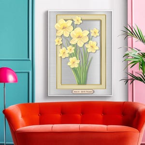 Peut inclure: Une illustration de style vintage de jonquilles jaunes, la fleur de naissance de mars, encadrée dans un cadre doré et blanc.