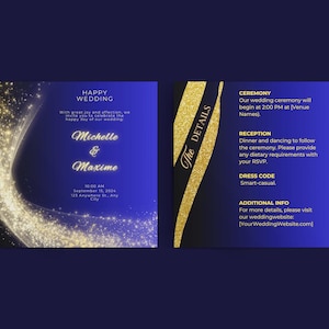 Elegant Royal Blue and Gold Wedding Invite with Art Deco Style,Faire-part de mariage bleu royal et or,Invitation mariage art déco, wedding