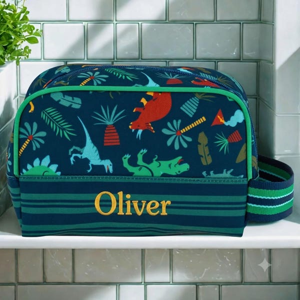 Neceser infantil bordado personalizado con diseño de dinosaurio / Bolsas de aseo infantil con diseño de dinosaurio, estuche grande para lápices, neceser médico.