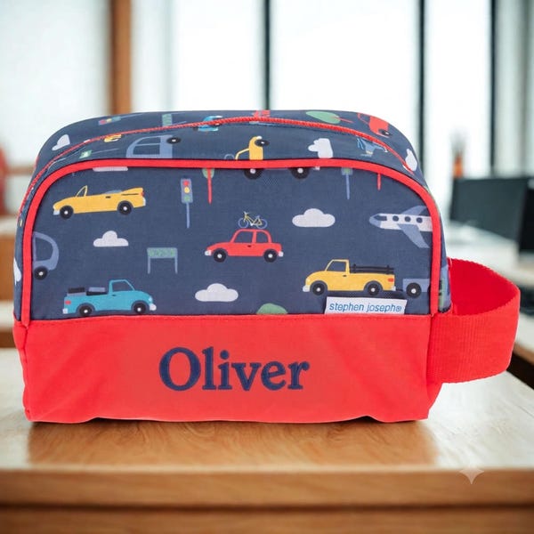 Neceser infantil bordado personalizado - Diseño de coches azules / Bolsas de aseo para niños, estuche grande para lápices, neceser médico con diseño de coches personalizado