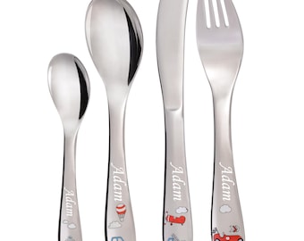 Personalised Child's 4-piece stainless steel cutlery set- Transport Design. Ideal Gift for Boys as heirloom, Christening, Birthdays