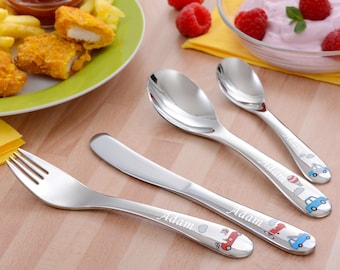 Personalised Child's 4-piece stainless steel cutlery set- Transport Design. Ideal Gift for Boys as heirloom, Christening, Birthdays