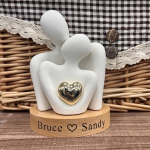 Personalized  Couple Ceramic Figurines - Custom Engraved Wooden Base - Handmade Home Decor for Newlyweds - Wedding Gift