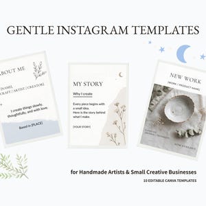 以下が含まれることがあります： ハンドメイド作家や小規模なクリエイティブビジネス向けのInstagramテンプレート3点セット。ABOUT ME、MY STORY、NEW WORKといったテキストヘッダーが含まれ、花の線画、月、星のイラストで装飾されています。