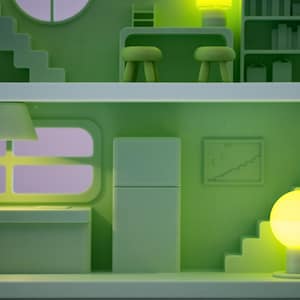Puede incluir: Escena interior estilizada, en tonos verdes, con cocina, sala de estar y escalera. La imagen presenta un refrigerador, una ventana, una mesa con taburetes y una l&aacute;mpara esf&eacute;rica brillante. El dise&ntilde;o es minimalista y moderno.