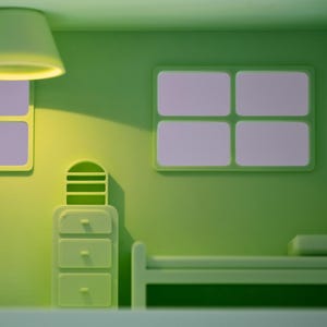 Puede incluir: Una escena de dormitorio verde en miniatura con una cama, una c&oacute;moda y ventanas. Una l&aacute;mpara cuelga del techo, proyectando una luz c&aacute;lida. La habitaci&oacute;n est&aacute; pintada en tonos verdes, creando un ambiente tranquilo y acogedor. La escena es una maqueta o un juguete.
