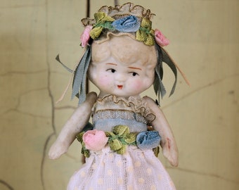 Antique 1920's Bisque Doll Articulated Arms Ribbon Work