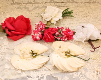 Lot of 6 Vintage Millinery Flowers Red and Creamy White Velvet and Rayon, Roses