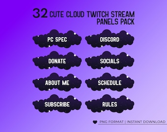 32 Cloud Twitch Panels Pack | Purple Cozy Stream Panels | PNG Instant Download