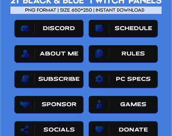 Black and Blue Twitch Panels – 21 Twitch Panel Set | Instant Download