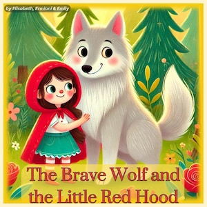 May include: A white wolf with a friendly smile stands next to a girl wearing a red hooded cape. The girl is smiling and holding her arms in front of her. The background is a green forest with flowers and trees. The text "The Brave Wolf and the Little Red Hood" is written below the image.