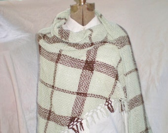 Handwoven Baby Alpaca Shawl, Mint Green Brown Plaid, Autumn Wrap