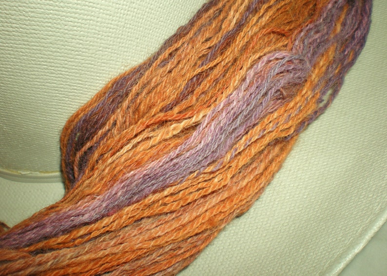 Handspun Merino Wool Yarn fingering pumpkin and purple 330 yds image 2