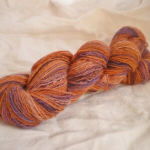 Handspun Merino Wool Yarn fingering pumpkin and purple 330 yds image 1