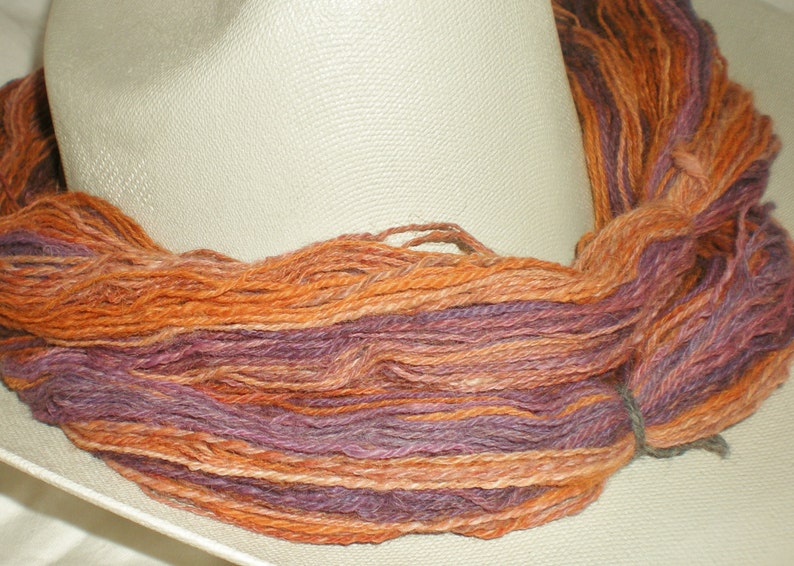 Handspun Merino Wool Yarn fingering pumpkin and purple 330 yds image 3