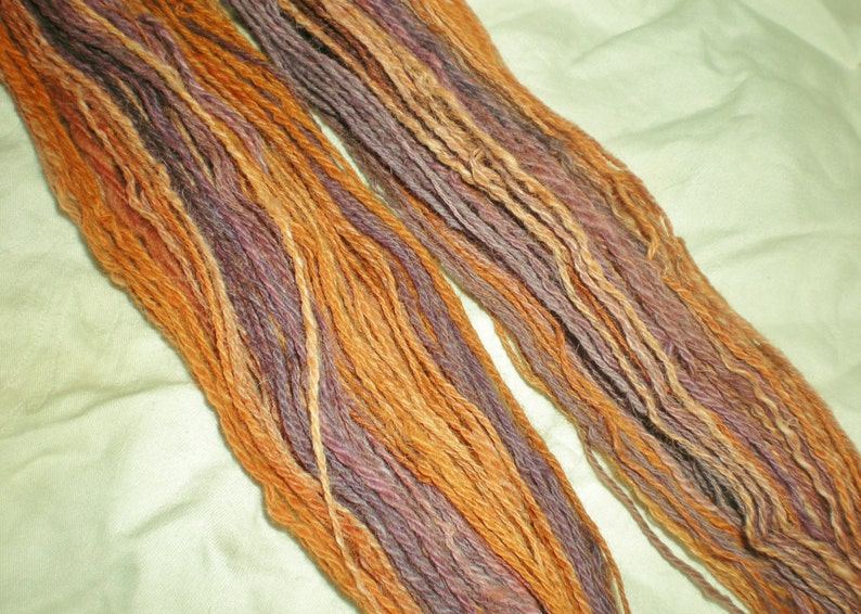 Handspun Merino Wool Yarn fingering pumpkin and purple 330 yds image 4