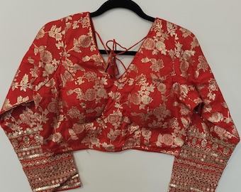 Red Sari Blouse: Embroidered Indian Crop Top with Full Sleeves