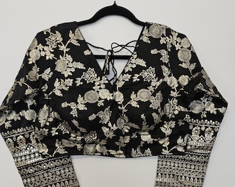 Black Sari Blouse: Embroidered Indian Crop Top with Full Sleeves