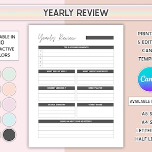 Yearly Review Printable Year End Reflection Canva Editable Goal Setting Sheet Annual Reflection Journal