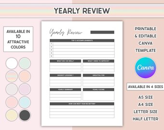 Yearly Review Printable Year End Reflection Canva Editable Goal Setting Sheet Annual Reflection Journal