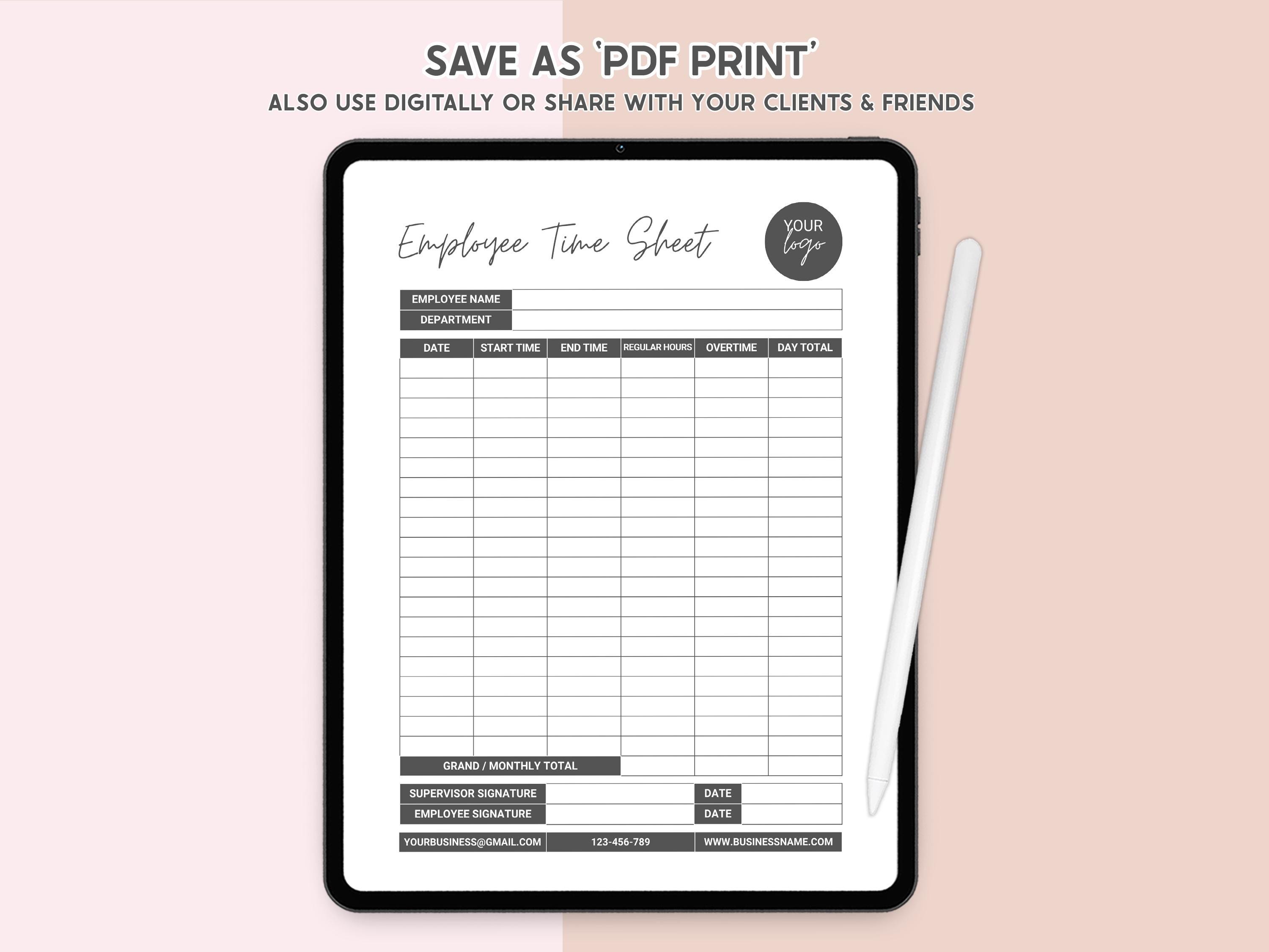 Printable Employee Time Sheet Tracker Canva Editable Weekly & Monthly ...