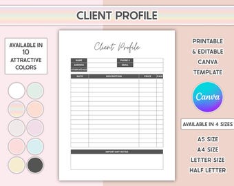 Client Profile Template Editable Client Payment History Tracker Printable Customer Information Log Info Sheet
