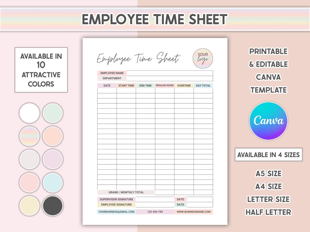 Printable Employee Time Sheet Tracker Canva Editable Weekly & Monthly ...