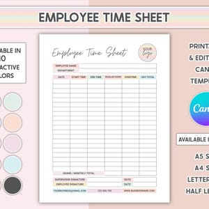 Printable Employee Time Sheet Tracker Canva Editable Weekly & Monthly Planner Timesheet Employee Schedule Template