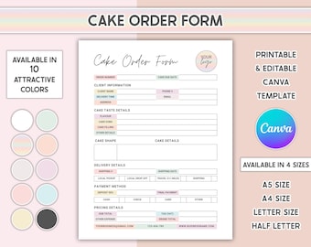 Modello di modulo d'ordine per torte Canva, modello di panetteria modificabile, moduli per piccole imprese, design di fatture stampabili