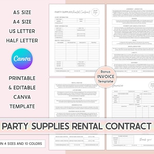 Modello di contratto di noleggio di forniture per feste: accordo modificabile Canva (download digitale)