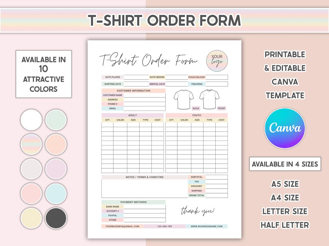 Canva Editable Tshirt Order Form Invoice Template Printable Small ...