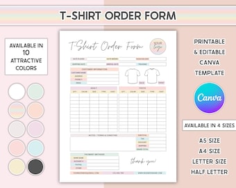 Plantilla de factura de pedido de camisetas editable de Canva, formularios imprimibles para pequeñas empresas, orden de compra personalizable