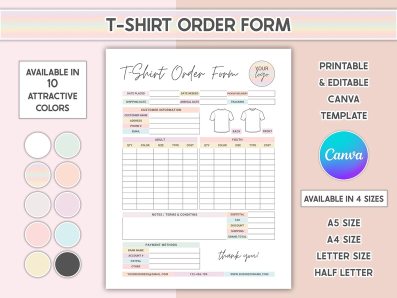 Canva Editable Tshirt Order Form Invoice Template Printable Small ...