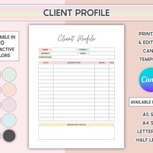 Client Profile Template Editable Client Payment History Tracker Printable Customer Information Log Info Sheet