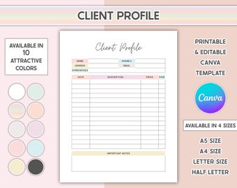 Client Profile Template Editable Client Payment History Tracker Printable Customer Information Log Info Sheet