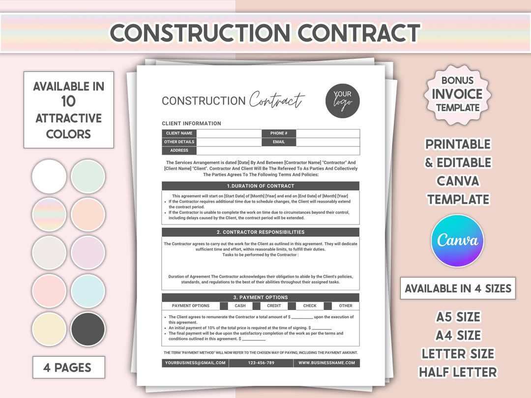 Editable Construction Contract Template Printable Contractor Agreement ...