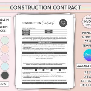 編集可能な建設契約テンプレート、印刷可能な請負業者契約書、便利屋ビジネス建設サービス、即時ダウンロード