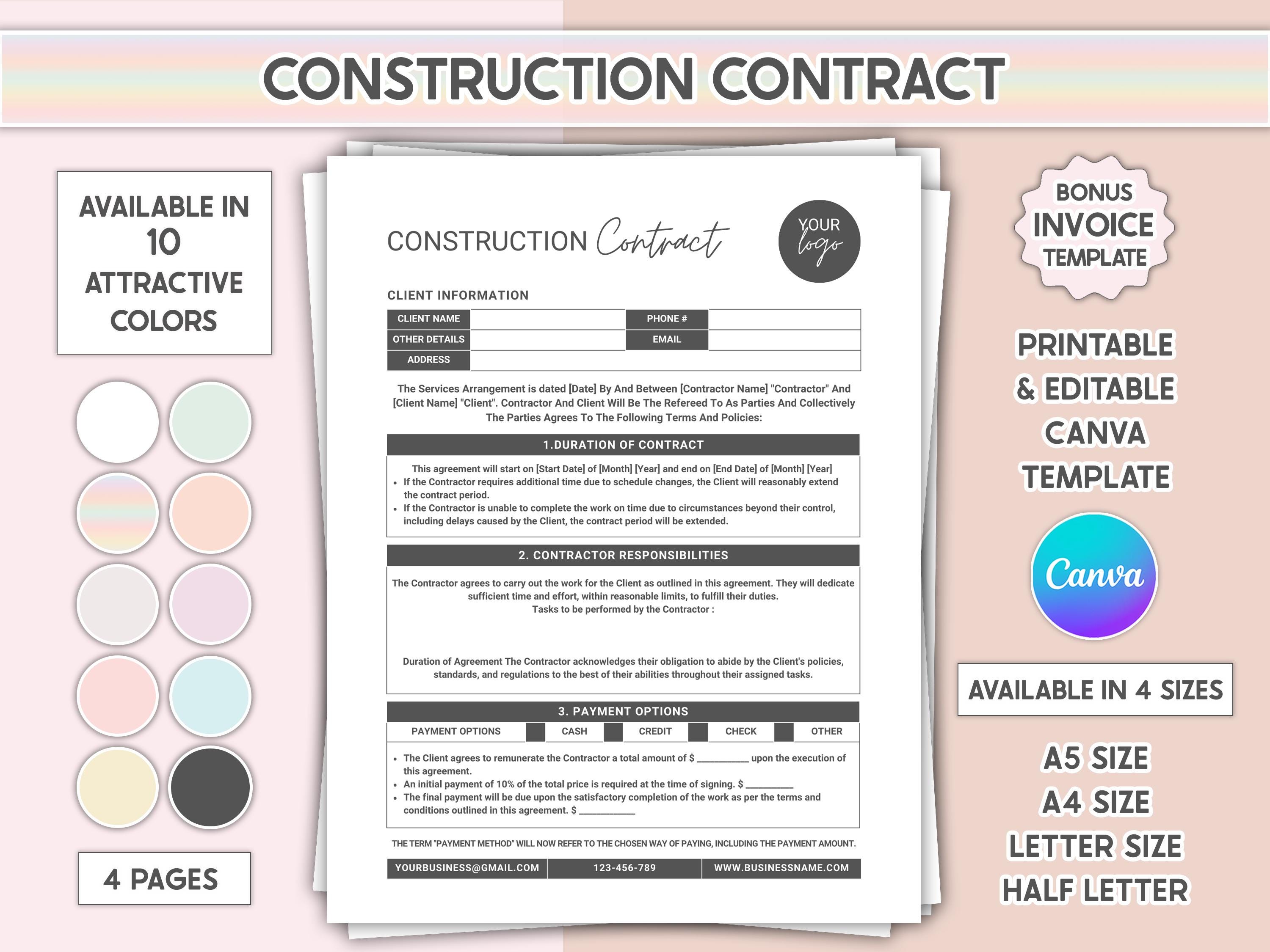 Editable Construction Contract Template Printable Contractor Agreement ...