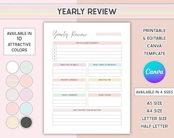 Yearly Review Printable Year End Reflection Canva Editable Goal Setting Sheet Annual Reflection Journal